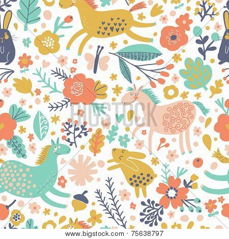 Funny horses with rabbits on flower meadow. Bright cartoon seamless pattern in vector