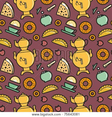 Tea party menu food and drinks seamless pattern. Editable vector illustration.