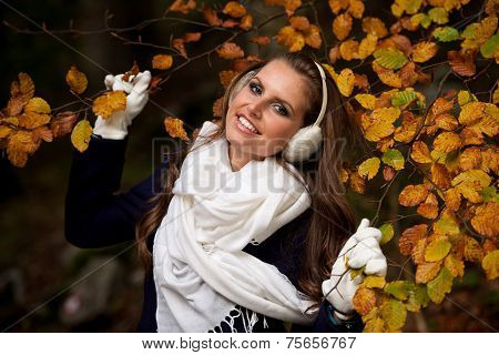 Blog Style Pretty Young Woman On A Walk In Forest On Late Autumn Day In Fashoinable Dress
