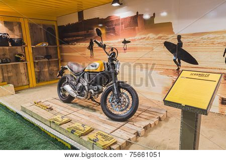 Ducati Scrambler Motorbike At Eicma 2014 In Milan, Italy