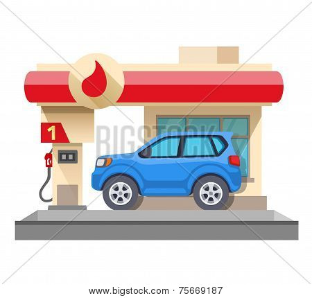 Gas Station And Car Isolated On White