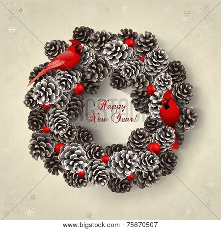 Card With Wreath Of Fir Cones And Redbirds