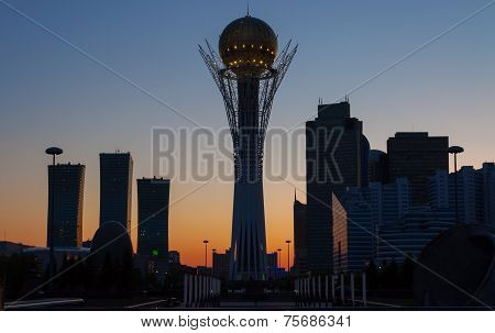 View Of Bayterek At Night. Astana