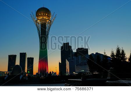 View Of Bayterek At Night. Astana