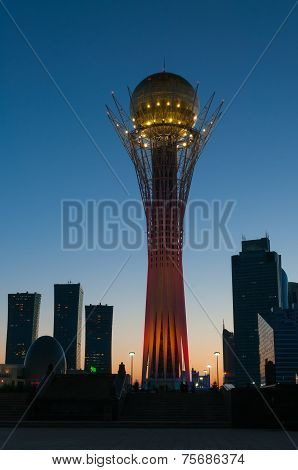 View Of Bayterek At Night. Astana