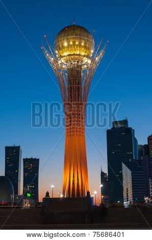View Of Bayterek At Night. Astana