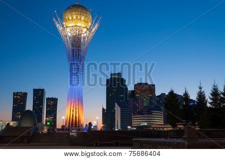 View Of Bayterek At Night. Astana