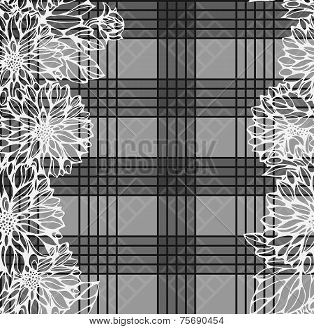 seamless monochrome pattern with dahlia flowers and check backgr