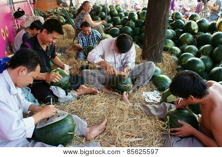 Asian Man, Farmer Market, Engraving  Watermelon