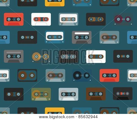Vintage analogue music recordable cassettes. seamless background