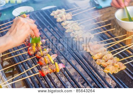 many bbq sticks on grill, outdoor, summer bbq time