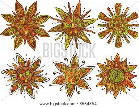Vector print of six ornamental suns with a lot of details