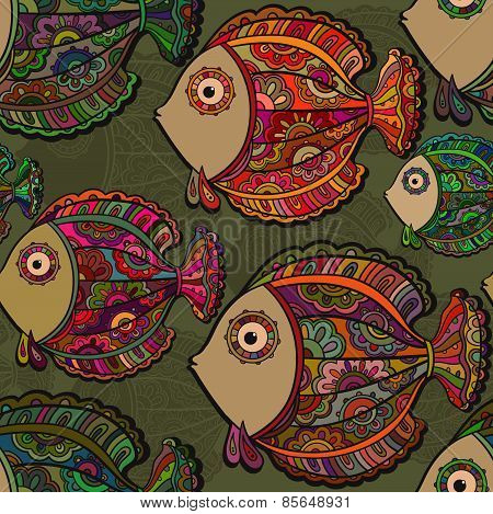 Colorful seamless pattern of a lot of beautiful decorative ornamental fishes