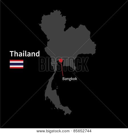 Detailed map of Thailand and capital city Bangkok with flag on black background