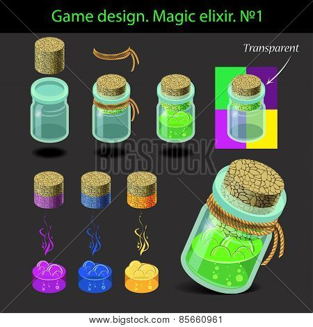 Vector illustration. Magic elixir in different colors with a woo