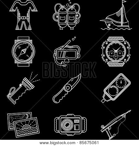 White line vector icons for diving