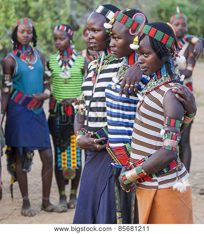 Boys And Girls At The Traditional Evangaty Ceremony. Turmi, Ethiopia