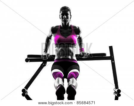 one caucasian woman exercising  fitness bench press  push-ups  in studio silhouette isolated on white background