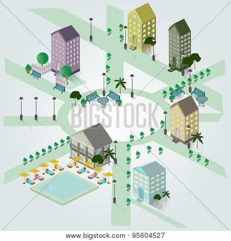 Isometric Image Of A Fragment Of The City, Houses, Swimming Pool, Sun Loungers, Benches, Lights .. O