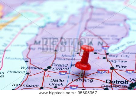 Lansing pinned on a map of USA