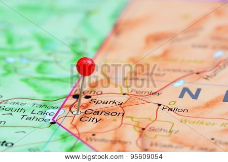 Carson City pinned on a map of USA