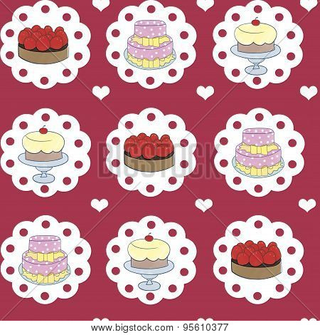 Seamless pattern with sweet cakes and candy on a pink background.