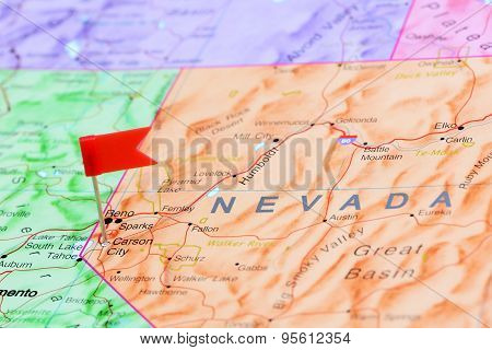 Carson City pinned on a map of USA
