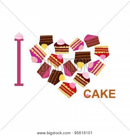 I love cake. Symbol heart of  pieces of cake. Vector illustration for  sweet tooth.