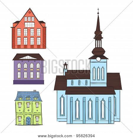 Cartoon Building In Old Town.