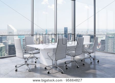 Panoramic Corner Conference Room In Modern Office In New York City. White Chairs And A White Table.