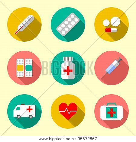 Flat style with long shadows, health care and medicine illustrations icons set.