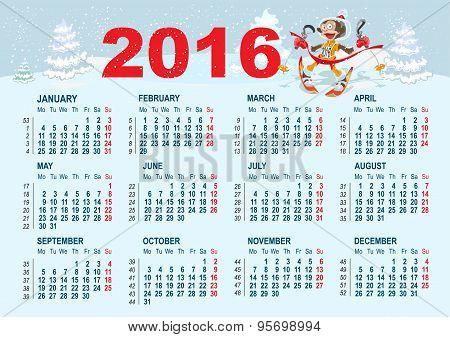 2016 Calendar template. Monkey goes skiing