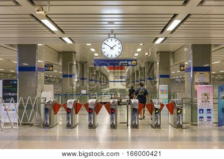BANGKOK THAILAND - JANUARY 1 2017: MRT subway train station Ticket barriers at subway entrance in Bangkok Thailand