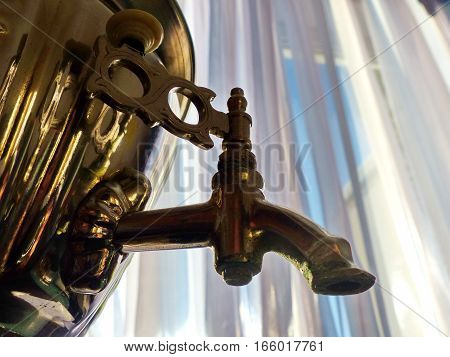 Crane samovar closeup. Retro. Russian traditional suvenir. Folk craft.