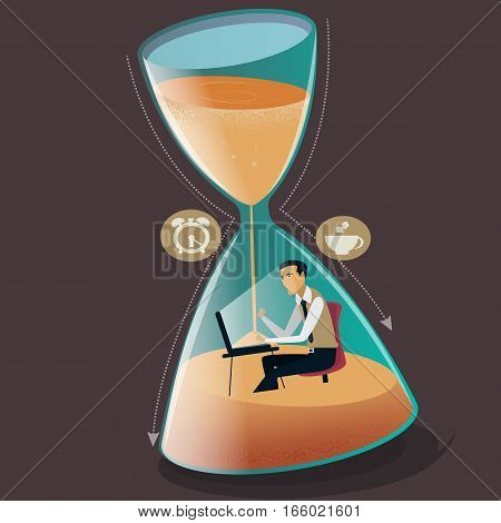 Time managment concept vector illustration. Businessman is sinking in hourglass. Project deadline.