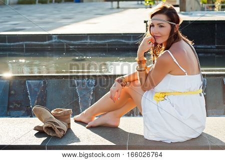 Young Woman, Foutain, Water, City, Boho Style, Beauty