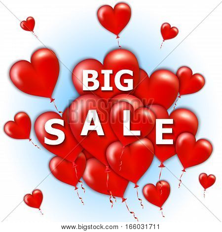 Happy Valentine's Day big sale card with flying bunch of red balloon hearts. Vector illustration
