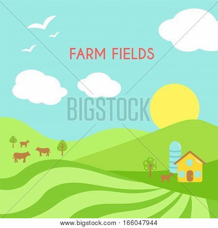 Farm fields landscape. Cartoon green field of sowing. Summer scene with hills and land and animals. Flat argriculture collection.