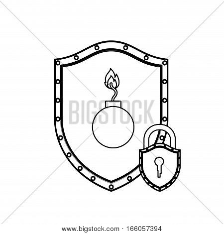 monochrome silhouette with shield with bomb and padlock vector illustration