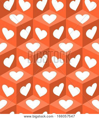 3d cube patterns with white heart shapes on orange background. Valentine day motif for gift paper printing