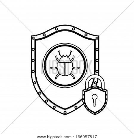 monochrome silhouette with shield with beetle virus and padlock vector illustration