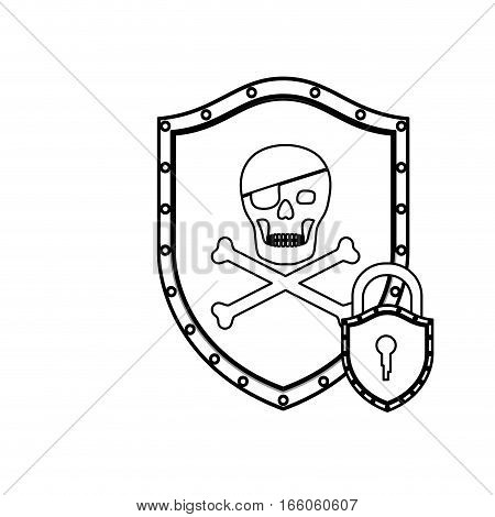 monochrome silhouette with pirate shield with skull and bones and padlock vector illustration
