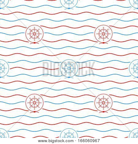 Seamless Pattern with Cargo Ship, Emblem Blue Barge in the Middle of a Rope on a Background of Blue Waves , Seamless Pattern with Marine Element for Web Design or Wallpaper or Fabric
