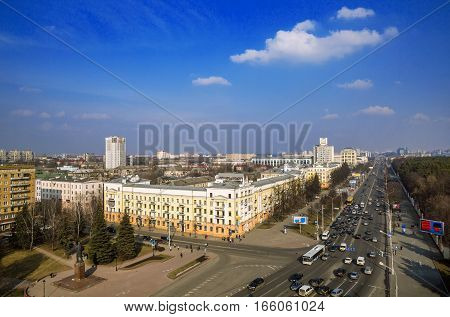 Minsk Belarus traffic on Independence Avenue the area of ​​Kalinin March 11 2015 urban architecture top view editorial