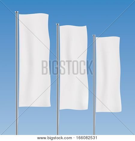 White banner flag vector templates. Perspective row of vertical flags on a blue sky background. Advertising flags realistic mockup.