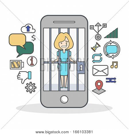 Woman with smartphone addiction. Scared woman in cage on the screen. Icons as message bubbles, dislike, connection and battery.