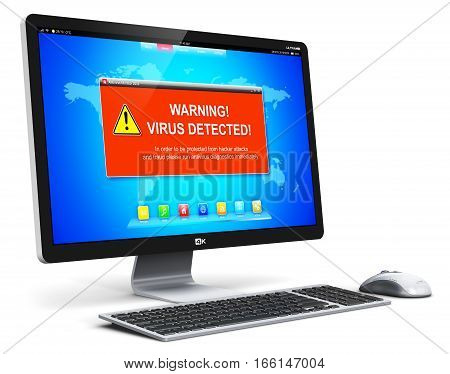 3D render illustration of modern black glossy metal desktop computer PC with virus alert attack warning message on screen display isolated on white background