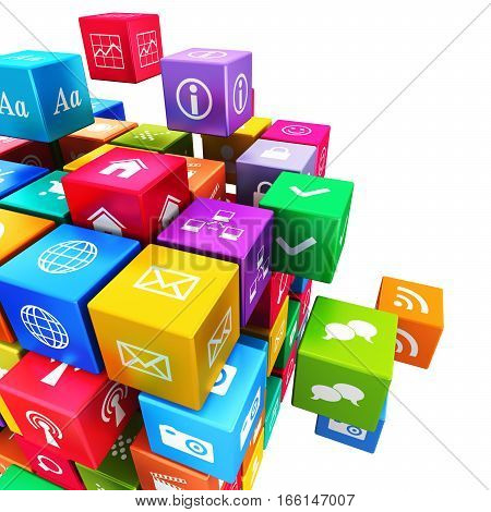 3D render illustration of colorful metallic cube with color application icons isolated on white background