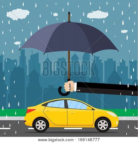 Hand with umbrella that protects car. citiscape as background. vector illustration in flat style