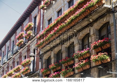 Leon (Castilla y Leon Spain): historic building in Calle San Pedro with typical veranda